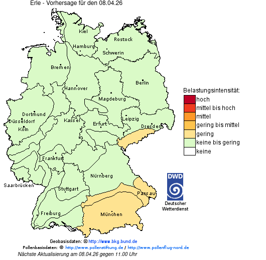 Deutschlandkarte mit Übersicht der Pollenbelastung