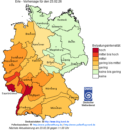 Deutschlandkarte mit Übersicht der Pollenbelastung