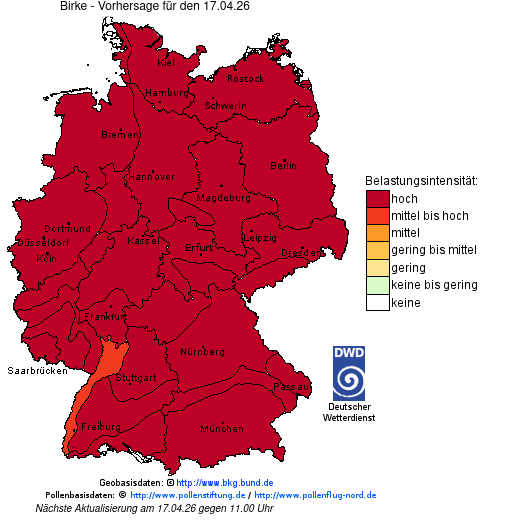 Deutschlandkarte mit Übersicht der Pollenbelastung
