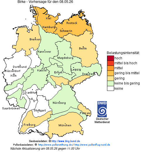 Deutschlandkarte mit Übersicht der Pollenbelastung