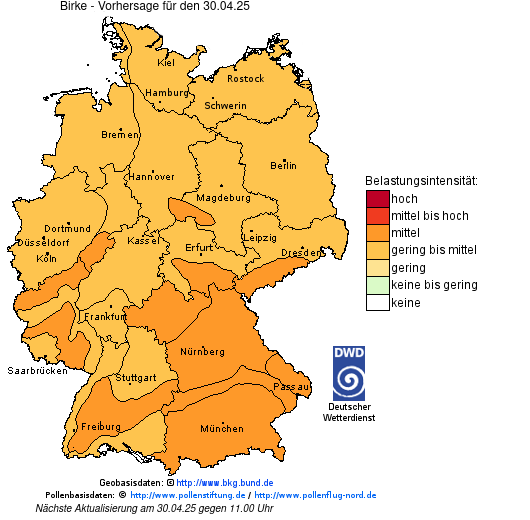 Deutschlandkarte mit Übersicht der Pollenbelastung
