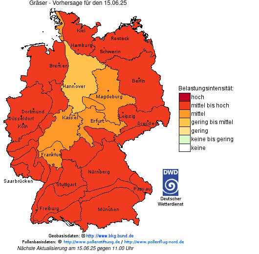 Deutschlandkarte mit Übersicht der Pollenbelastung