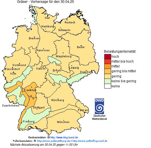 Deutschlandkarte mit Übersicht der Pollenbelastung