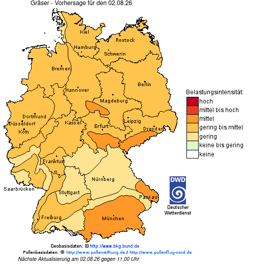 Deutschlandkarte mit Übersicht der Pollenbelastung