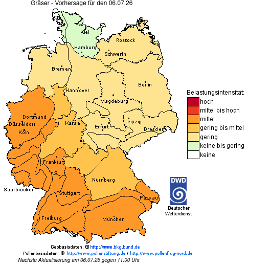 Deutschlandkarte mit Übersicht der Pollenbelastung