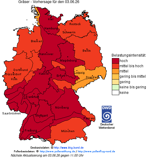 Deutschlandkarte mit Übersicht der Pollenbelastung