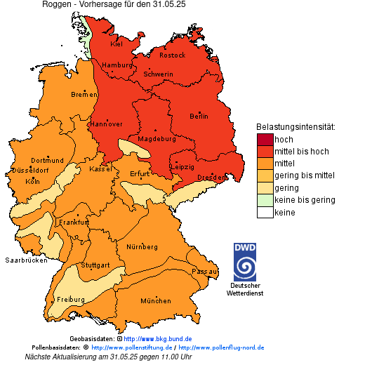 Deutschlandkarte mit Übersicht der Pollenbelastung