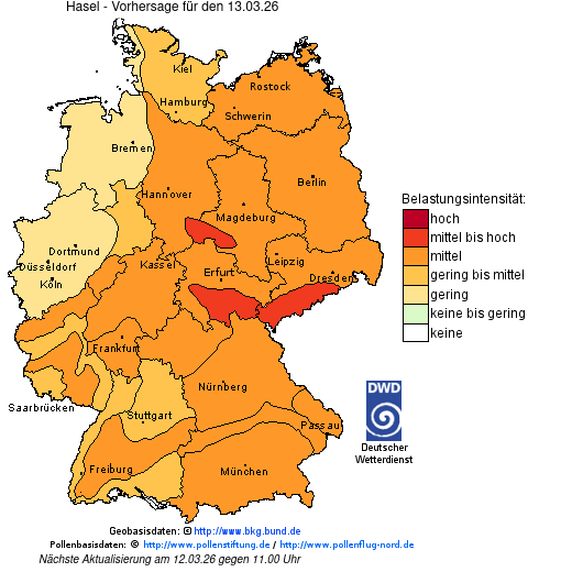 Deutschlandkarte mit Übersicht der Pollenbelastung