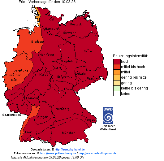 Deutschlandkarte mit Übersicht der Pollenbelastung