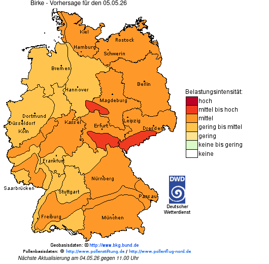 Deutschlandkarte mit Übersicht der Pollenbelastung