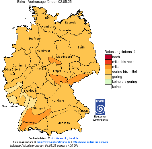 Deutschlandkarte mit Übersicht der Pollenbelastung