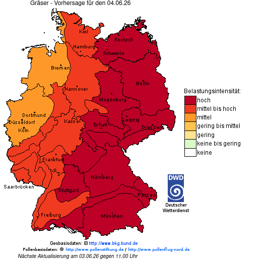 Deutschlandkarte mit Übersicht der Pollenbelastung
