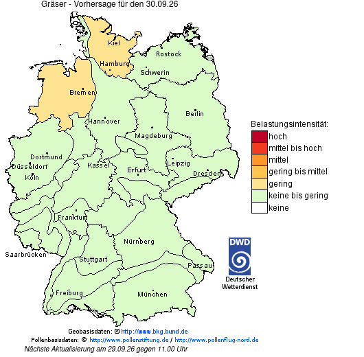 Deutschlandkarte mit Übersicht der Pollenbelastung