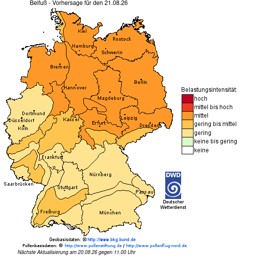Deutschlandkarte mit Übersicht der Pollenbelastung
