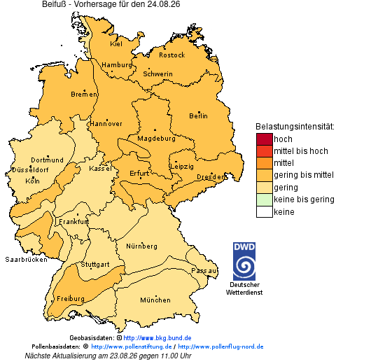 Deutschlandkarte mit Übersicht der Pollenbelastung