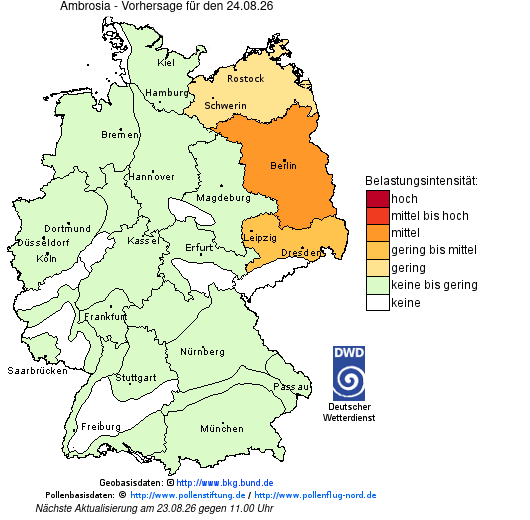 Deutschlandkarte mit Übersicht der Pollenbelastung