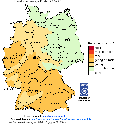 Deutschlandkarte mit Übersicht der Pollenbelastung
