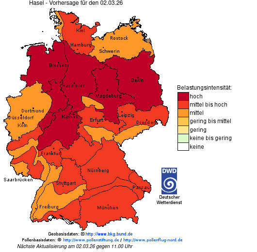 Deutschlandkarte mit Übersicht der Pollenbelastung