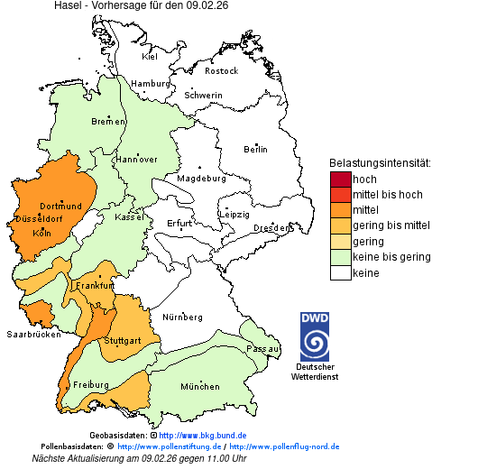 Deutschlandkarte mit Übersicht der Pollenbelastung