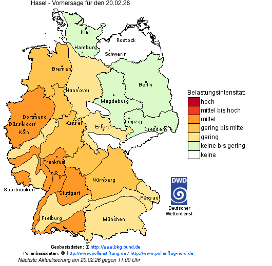 Deutschlandkarte mit Übersicht der Pollenbelastung