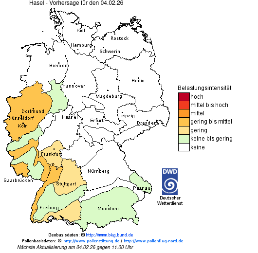Deutschlandkarte mit Übersicht der Pollenbelastung