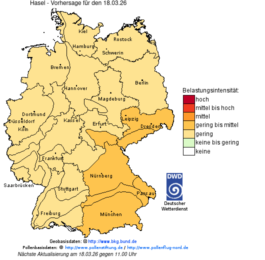 Deutschlandkarte mit Übersicht der Pollenbelastung