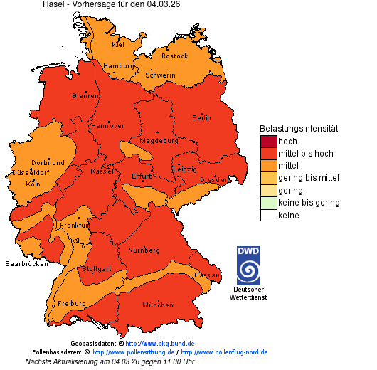 Deutschlandkarte mit Übersicht der Pollenbelastung