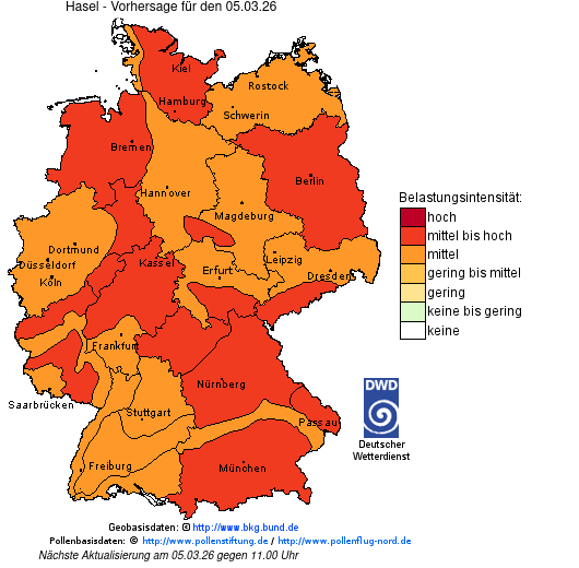 Deutschlandkarte mit Übersicht der Pollenbelastung