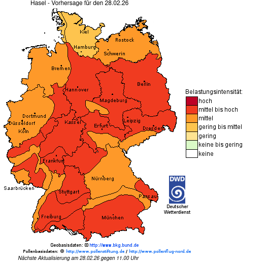 Deutschlandkarte mit Übersicht der Pollenbelastung