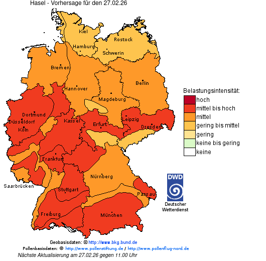 Deutschlandkarte mit Übersicht der Pollenbelastung