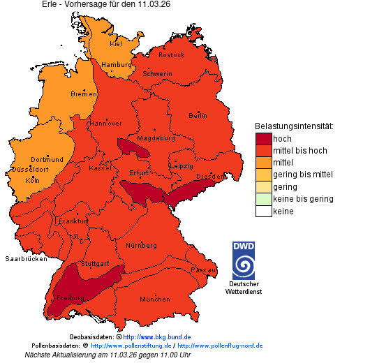 Deutschlandkarte mit Übersicht der Pollenbelastung