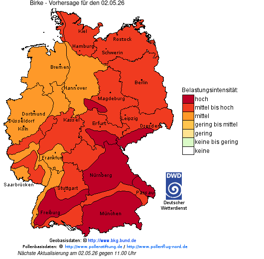 Deutschlandkarte mit Übersicht der Pollenbelastung