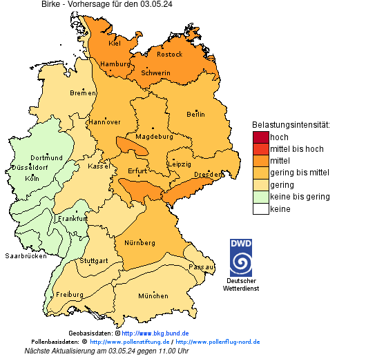Deutschlandkarte mit Übersicht der Pollenbelastung