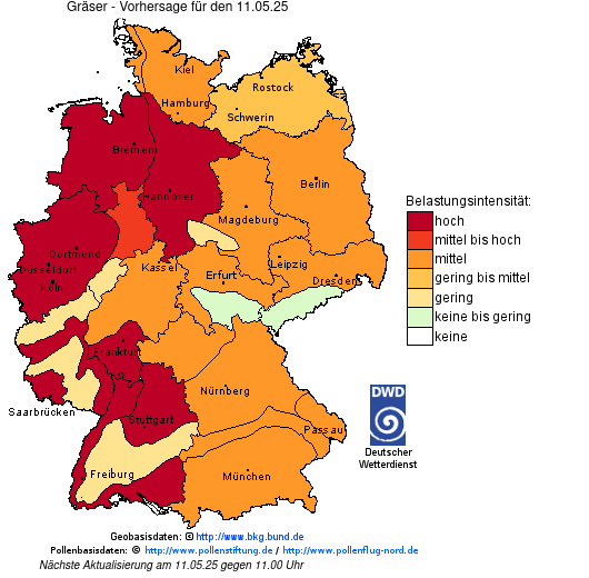 Deutschlandkarte mit Übersicht der Pollenbelastung