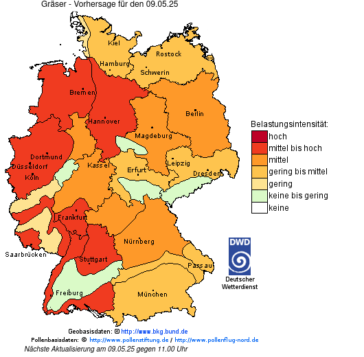 Deutschlandkarte mit Übersicht der Pollenbelastung