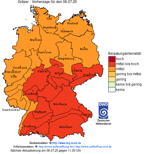Deutschlandkarte mit Übersicht der Pollenbelastung