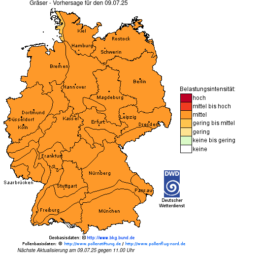 Deutschlandkarte mit Übersicht der Pollenbelastung