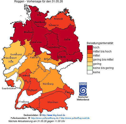 Deutschlandkarte mit Übersicht der Pollenbelastung
