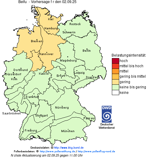 Deutschlandkarte mit Übersicht der Pollenbelastung
