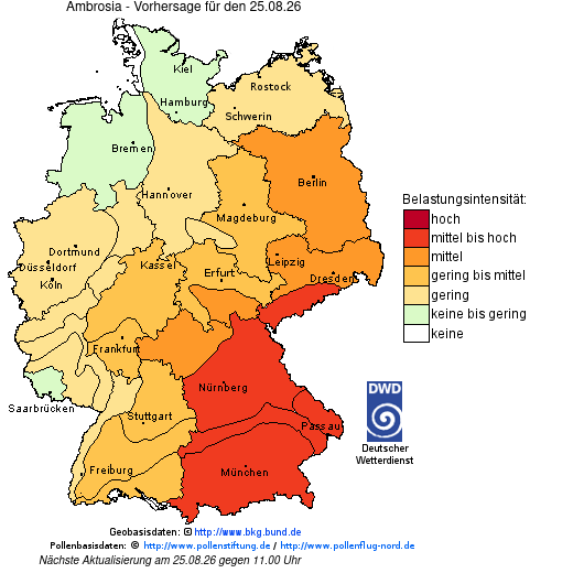 Deutschlandkarte mit Übersicht der Pollenbelastung