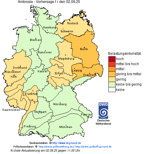 Deutschlandkarte mit Übersicht der Pollenbelastung