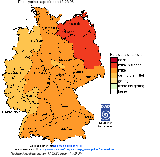 Deutschlandkarte mit Übersicht der Pollenbelastung