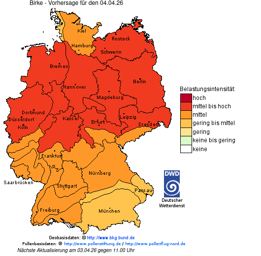 Deutschlandkarte mit Übersicht der Pollenbelastung