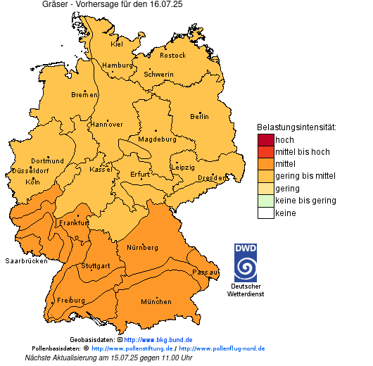 Deutschlandkarte mit Übersicht der Pollenbelastung