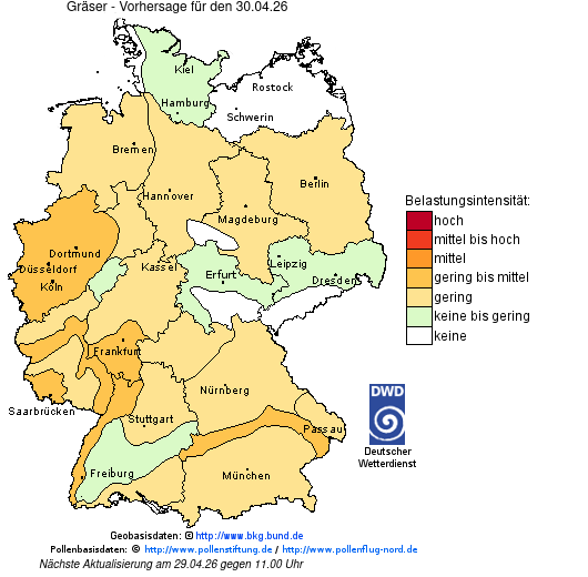 Deutschlandkarte mit Übersicht der Pollenbelastung