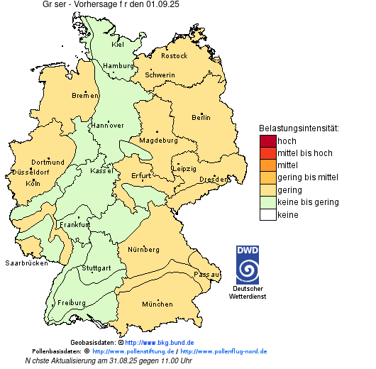 Deutschlandkarte mit Übersicht der Pollenbelastung