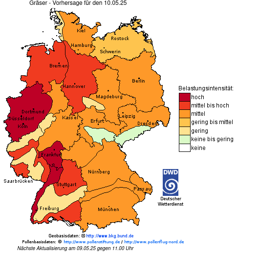 Deutschlandkarte mit Übersicht der Pollenbelastung