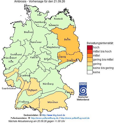 Deutschlandkarte mit Übersicht der Pollenbelastung