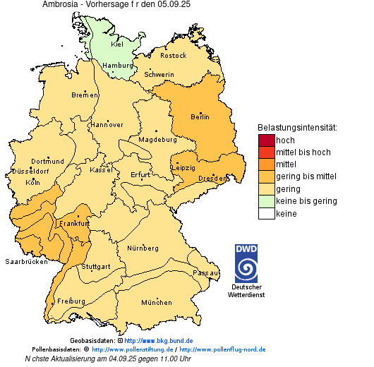 Deutschlandkarte mit Übersicht der Pollenbelastung
